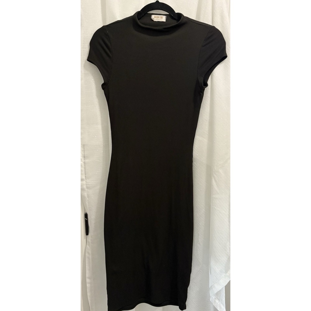 Golden State Women's Black Ribbed Mock Neck Cap Sleeve Bodycon Midi Dress Sz M
